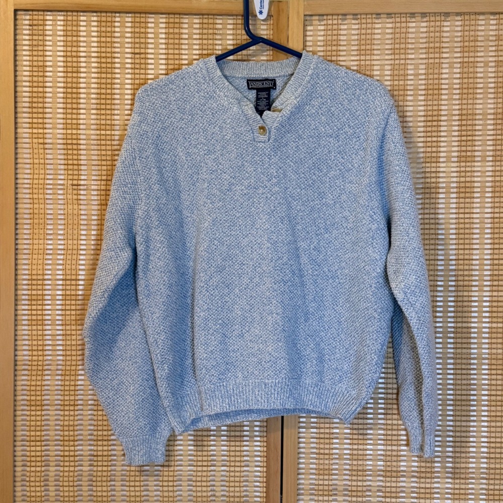 Lands End Blue Marled Cotton Henley Sweater Womens Large Coastal Cottagecore